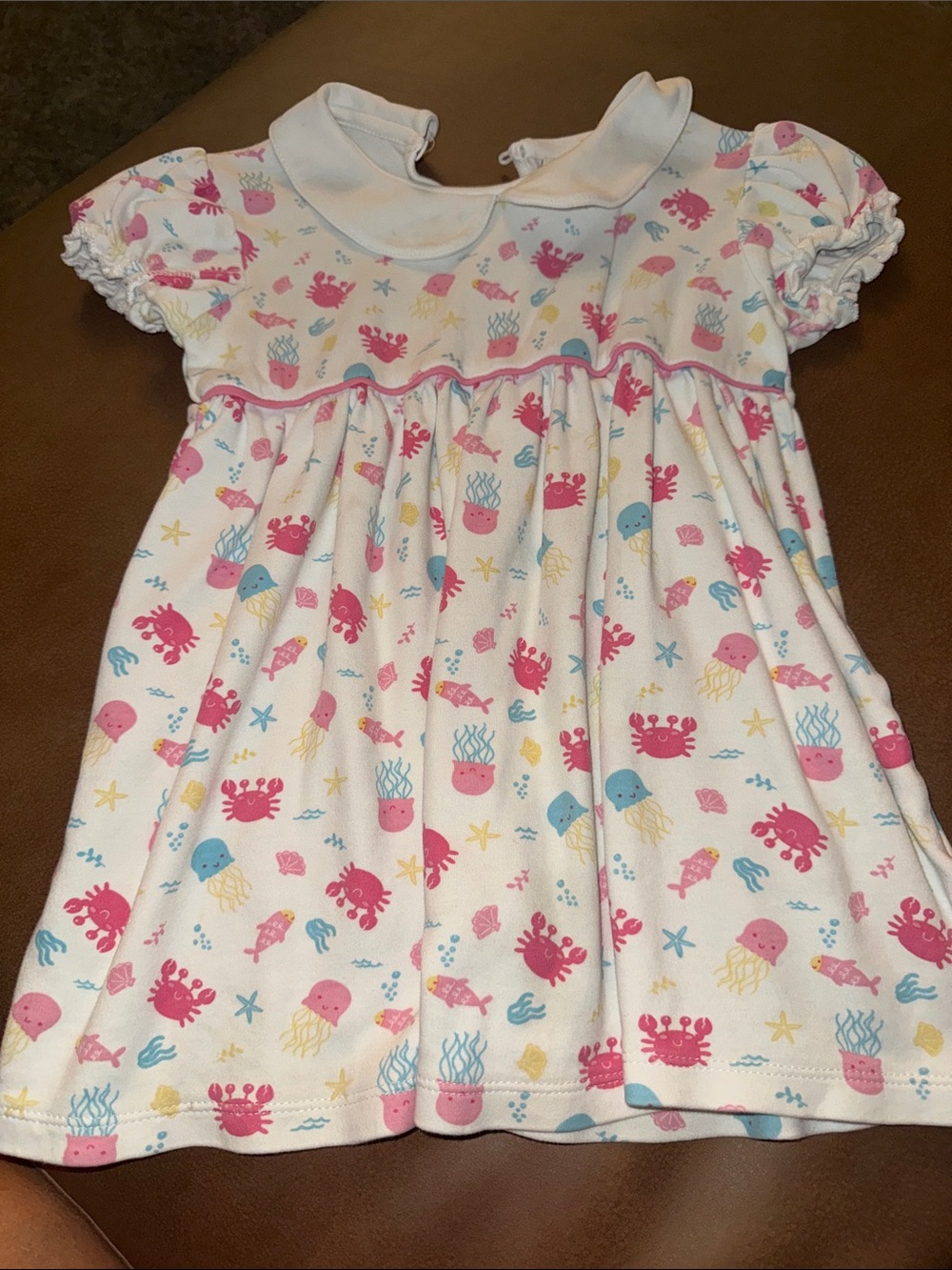Girls White Sea Life Print Dress with Pink & Blue Motifs